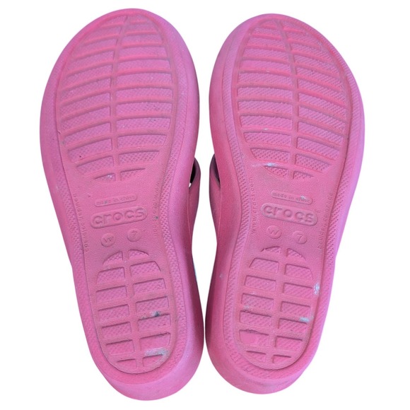 Crocs Women's 7 Used Pink Strappy Low Wedge Heel Slip On Sandals - Picture 3 of 5